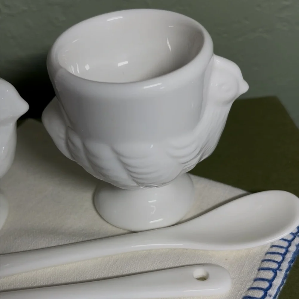 White Ceramic Egg Cups with Spoons